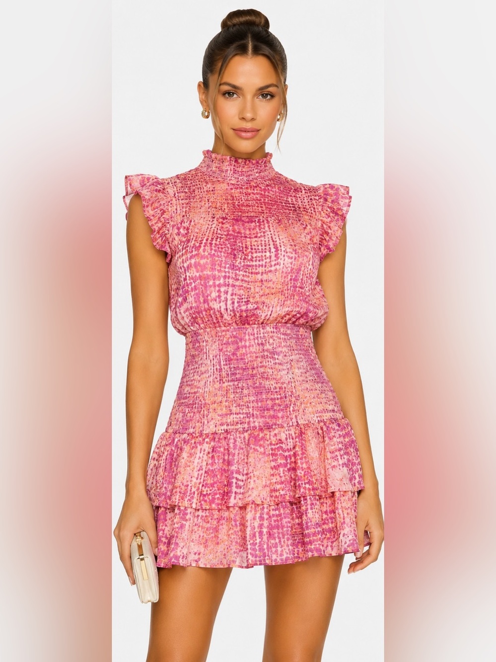 AQUA Smocked Mock Neck Mini Dress Pink Print Size Small